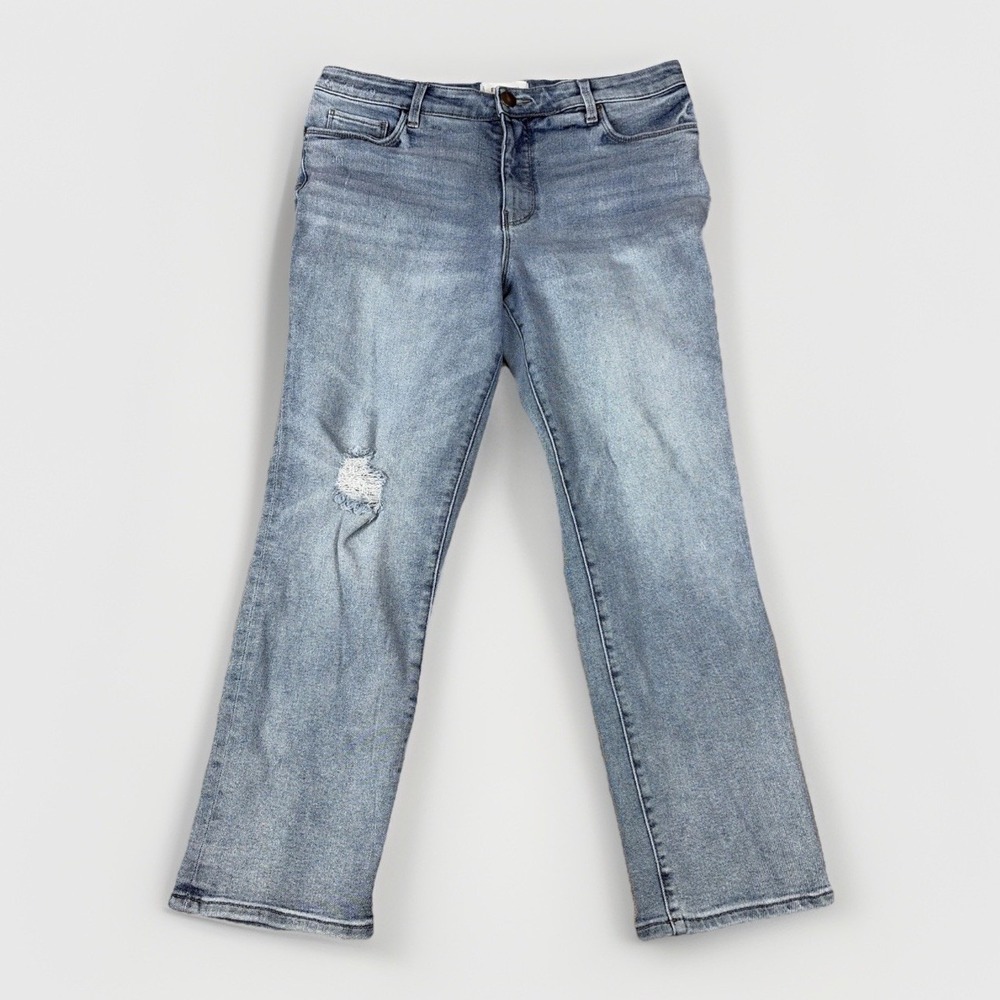 Evereve‎ The Ever Straight Jeans Womens 32 Blue Distressed High Rise Stretch
